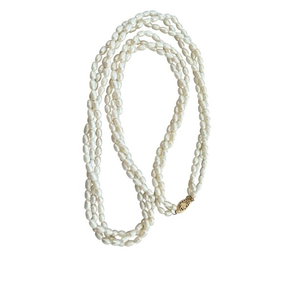 Rice Freshwater Pearls Multistrand necklace 14K gold clasp Vintage - Picture 1 of 6
